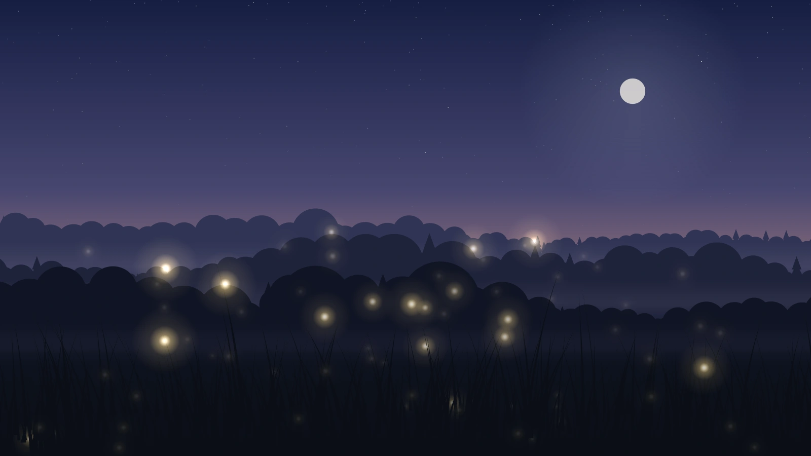 Fireflies at dusk: an indigo sky with a rose band above the horizon and a pale moon, three layers of dark tree line with mist between them, and a scatter of warm gold fireflies glowing at different sizes and brightness above the grass.
