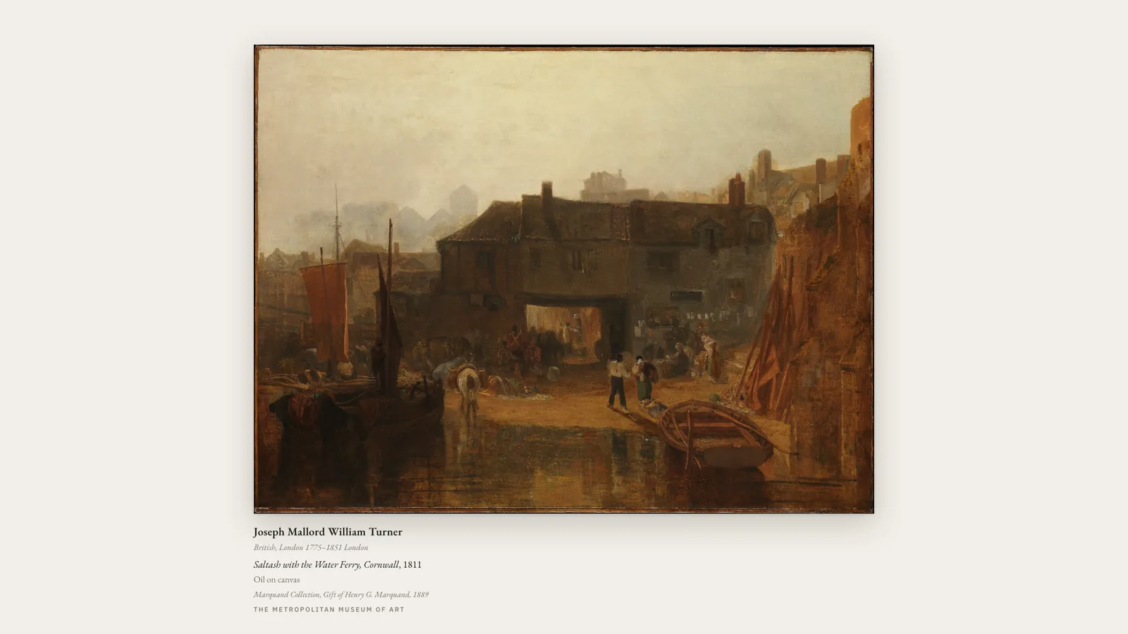 Gallery Frame landscape panel: J.M.W. Turner's Saltash with the Water Ferry, Cornwall shown matted on a gallery-white wall with a museum-style placard.