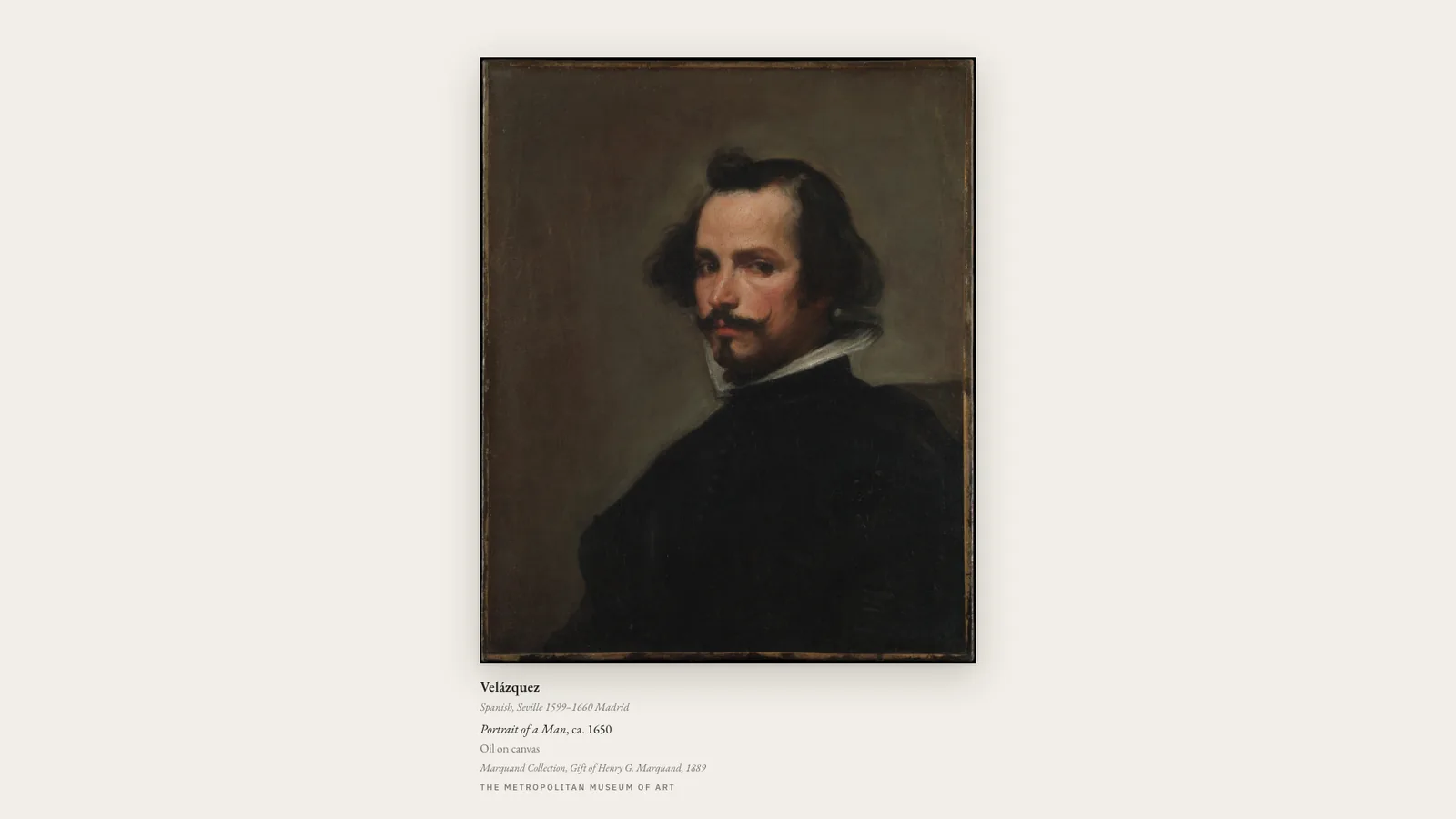 Gallery Frame portrait panel: Velázquez's Portrait of a Man, framed and placarded the same way in portrait orientation.