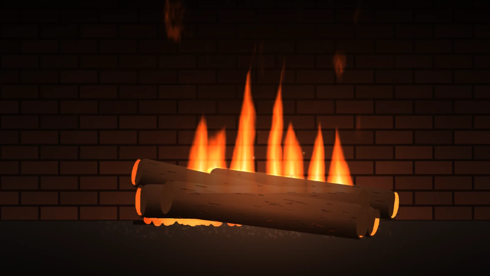 Hearth with oak logs: a stack of dark brown logs on a grate before a dark red brick wall, several orange flames rising from behind them, a few faint sparks above, and glowing orange log ends and embers at the base.