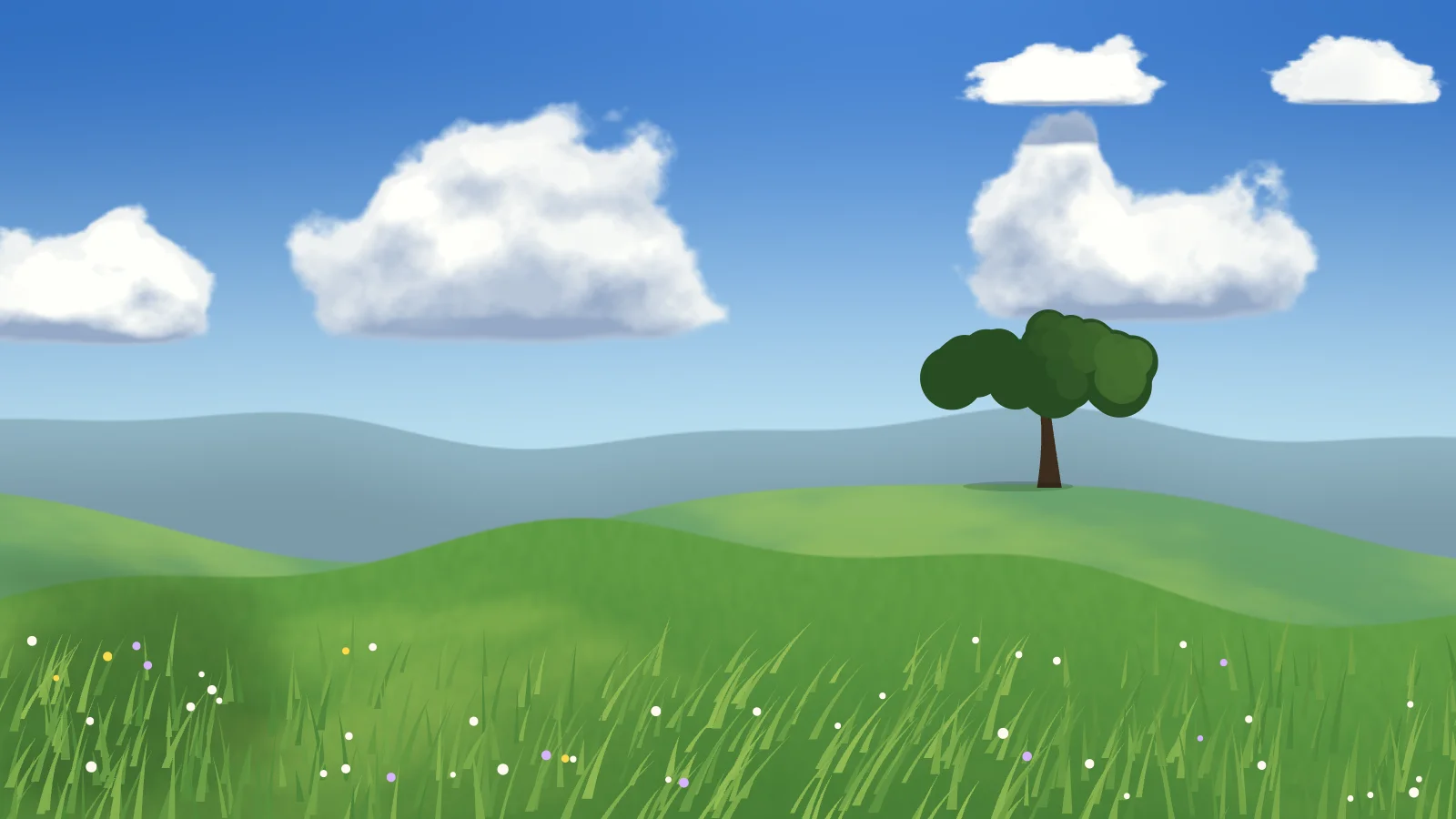 Meadow by day: a blue sky with bright white cumulus clouds over rolling green hills, a lone dark-green tree on the far ridge, and foreground grass speckled with small white, lilac and yellow flowers.