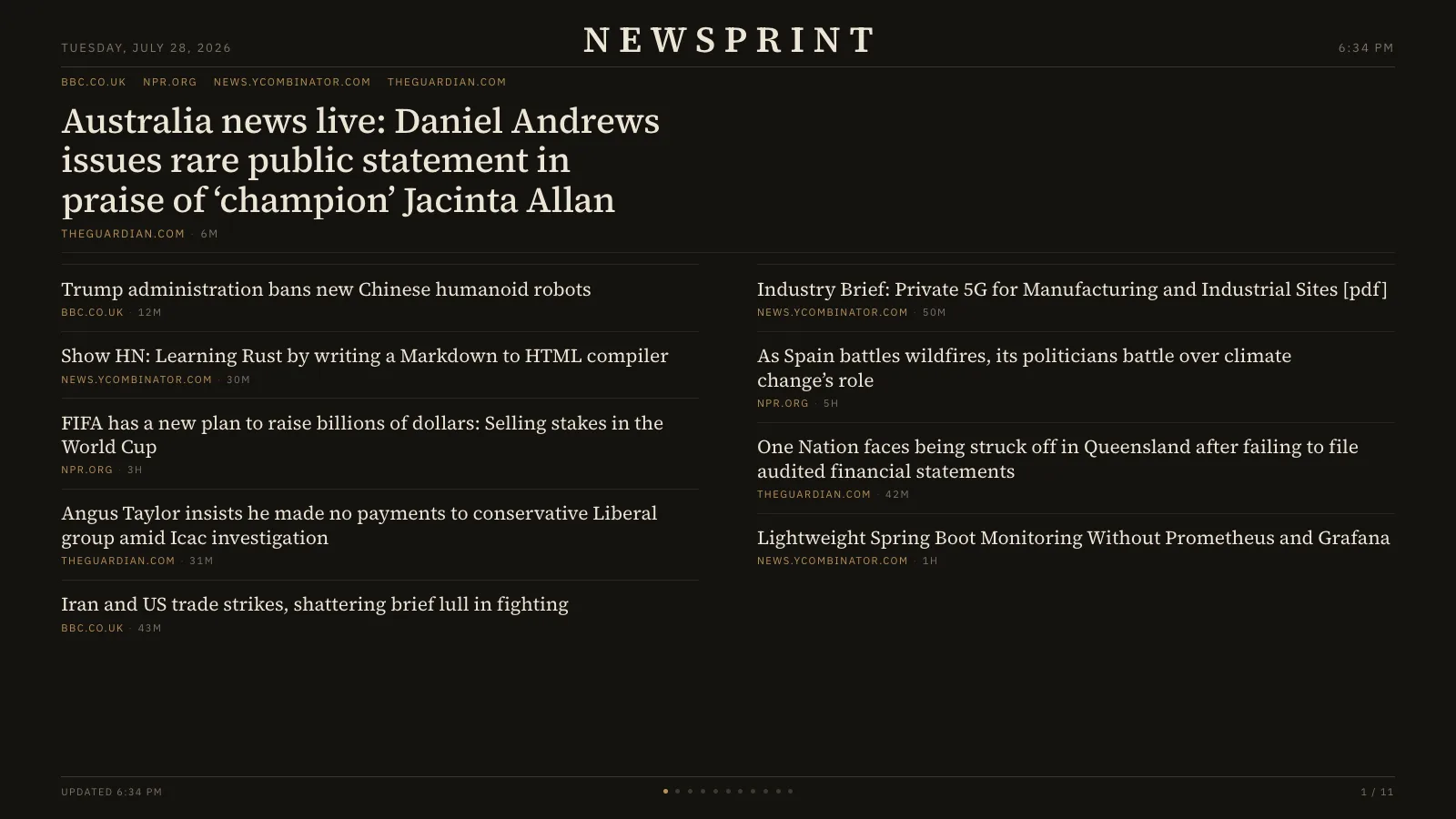 Newsprint dark theme: the day's headlines set in a broadsheet-style typographic layout, columns of subreddit and RSS stories.