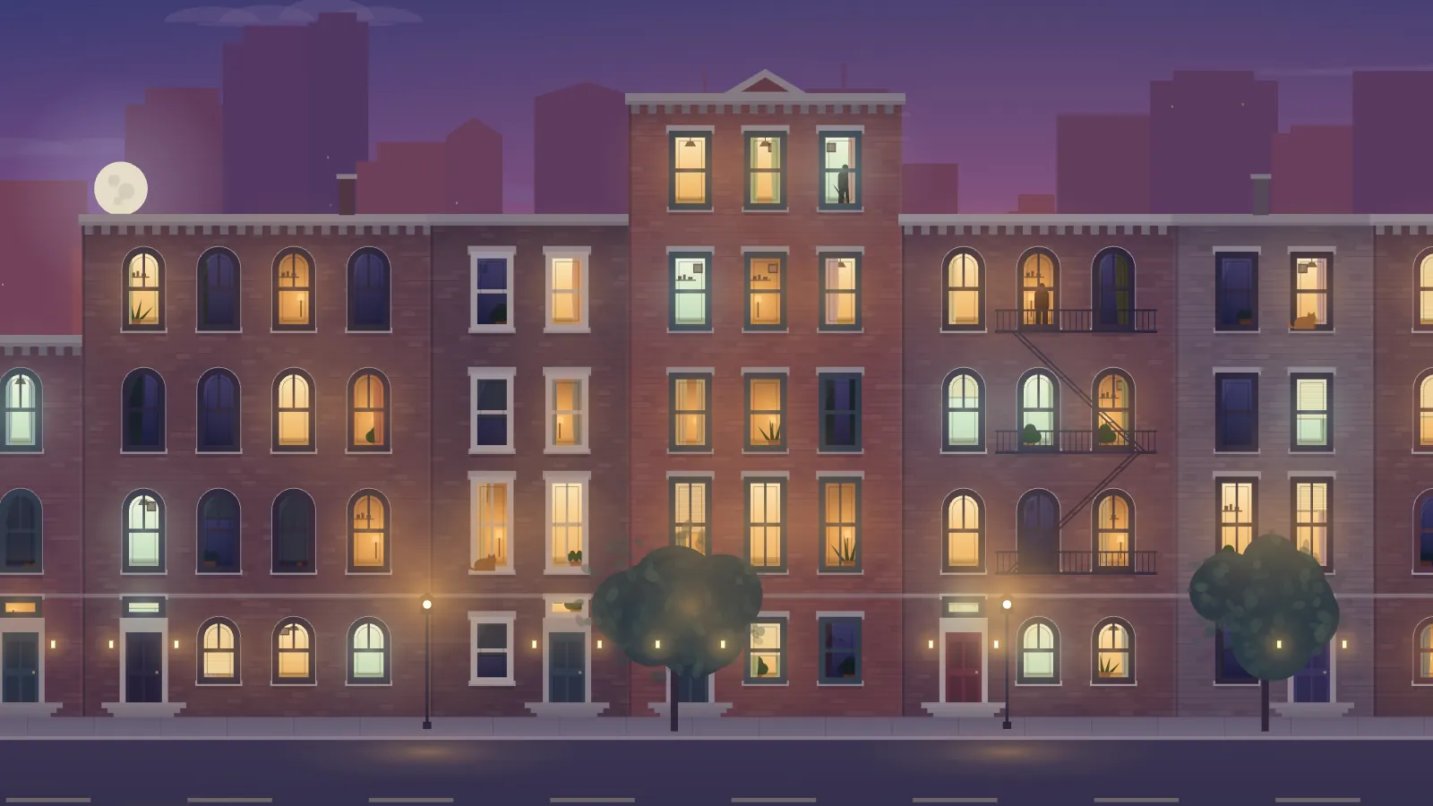 Night Windows, brownstone, at dusk: a row of red-brick walk-ups under a purple sky and a pale moon, many windows lit amber or green-white, a fire escape, stoops, street lamps and two trees.