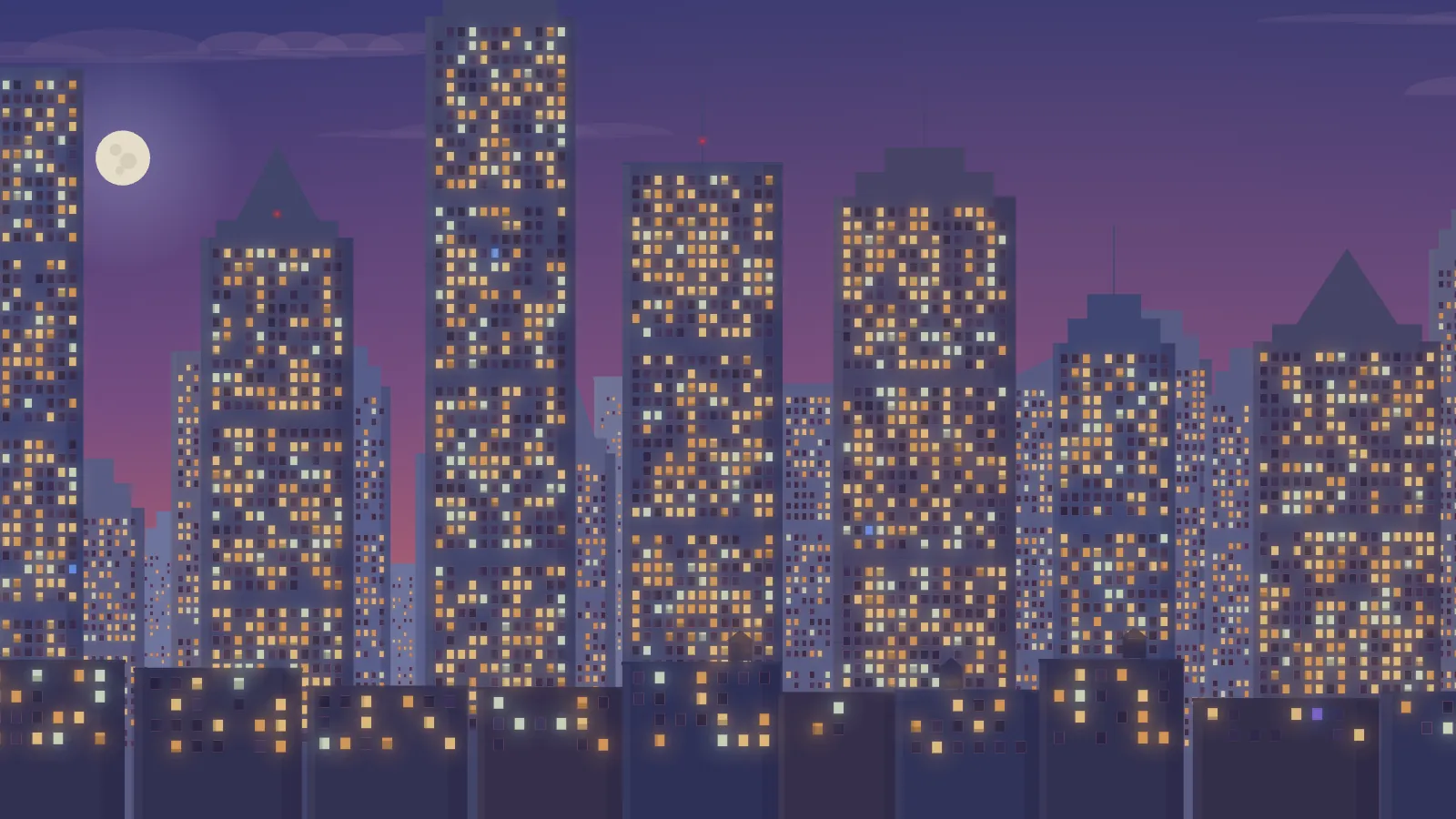 Night Windows, city, at dusk: a skyline of tall towers under a purple sky and a pale moon, thousands of small windows lit amber and white, with a few red beacons on the tallest.