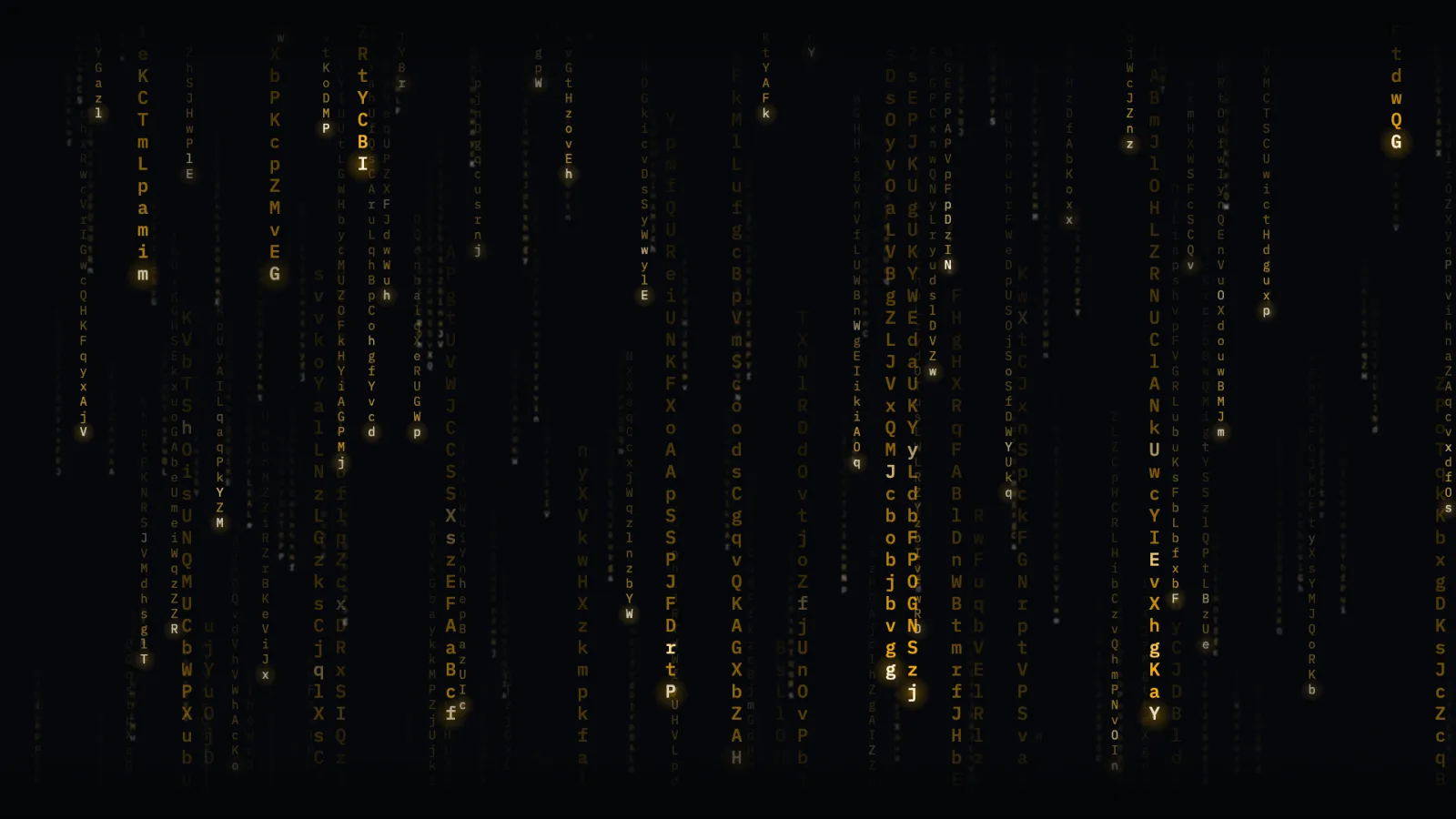 Rain in amber with the latin glyph set: columns of falling uppercase and lowercase letters in amber, denser than the default.