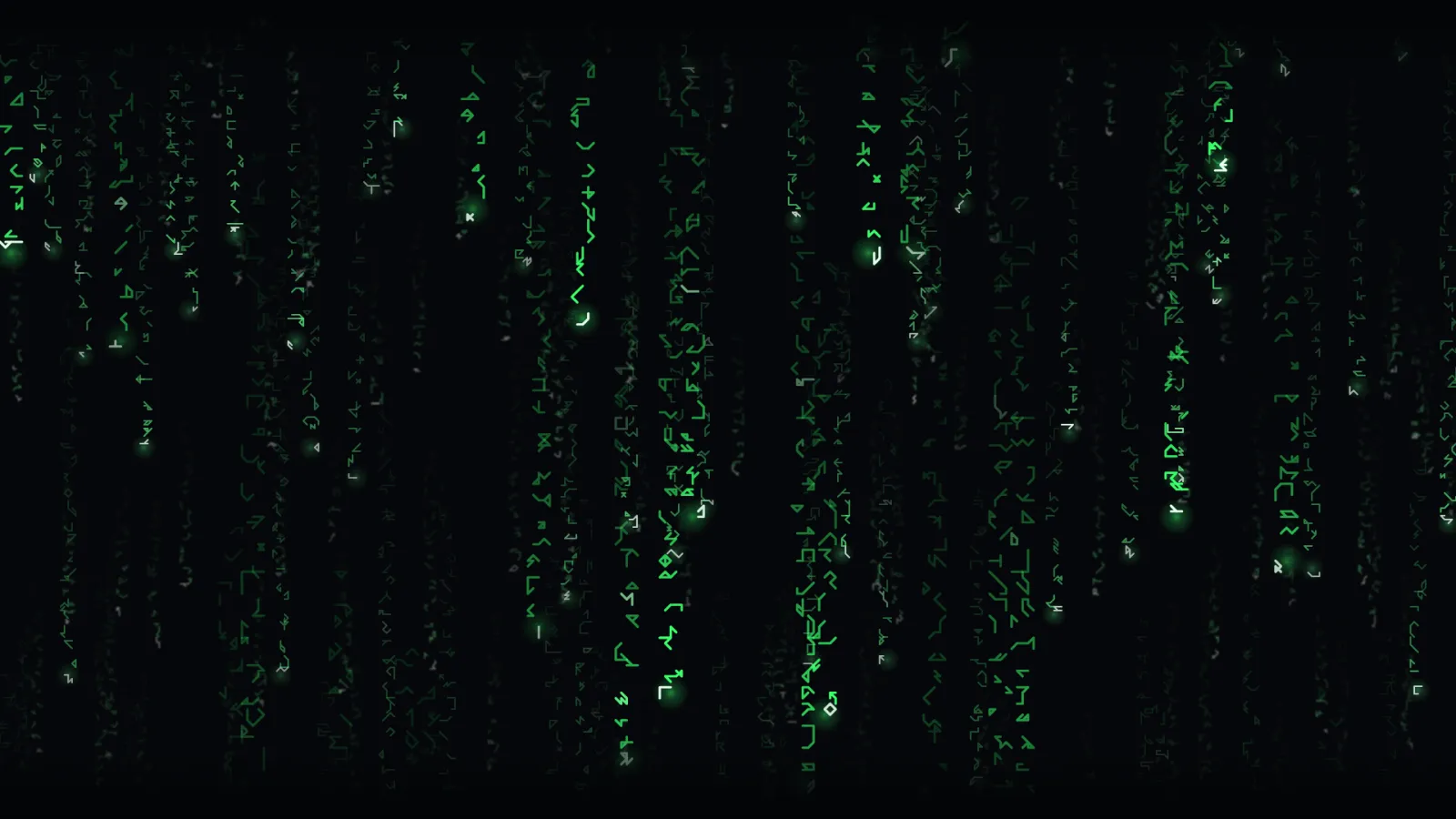 Rain in the default green-on-black theme: columns of falling angular rune-like glyphs, most dim mid-trail and a few bright white heads.