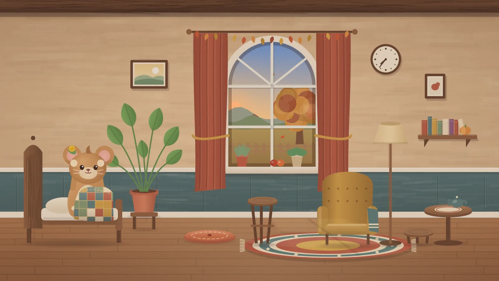 Tansy in the morning: the creature sitting up in bed under a patchwork quilt, the lamp off, an arched window showing an orange sunrise over autumn hills and a golden tree.