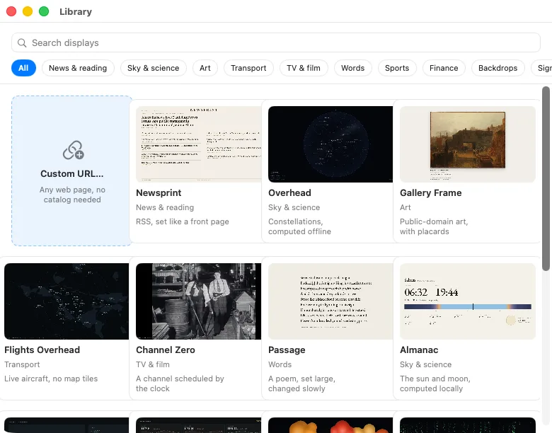 Every display in one searchable window, filterable by category — Custom URL sits right alongside them.